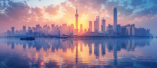 Shanghai Skyline at Sunrise with Reflections