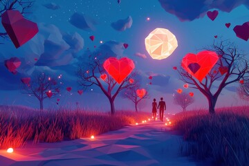 Obraz premium Whimsical Valentines Night under the Glowing Moon and Heart Shaped Trees