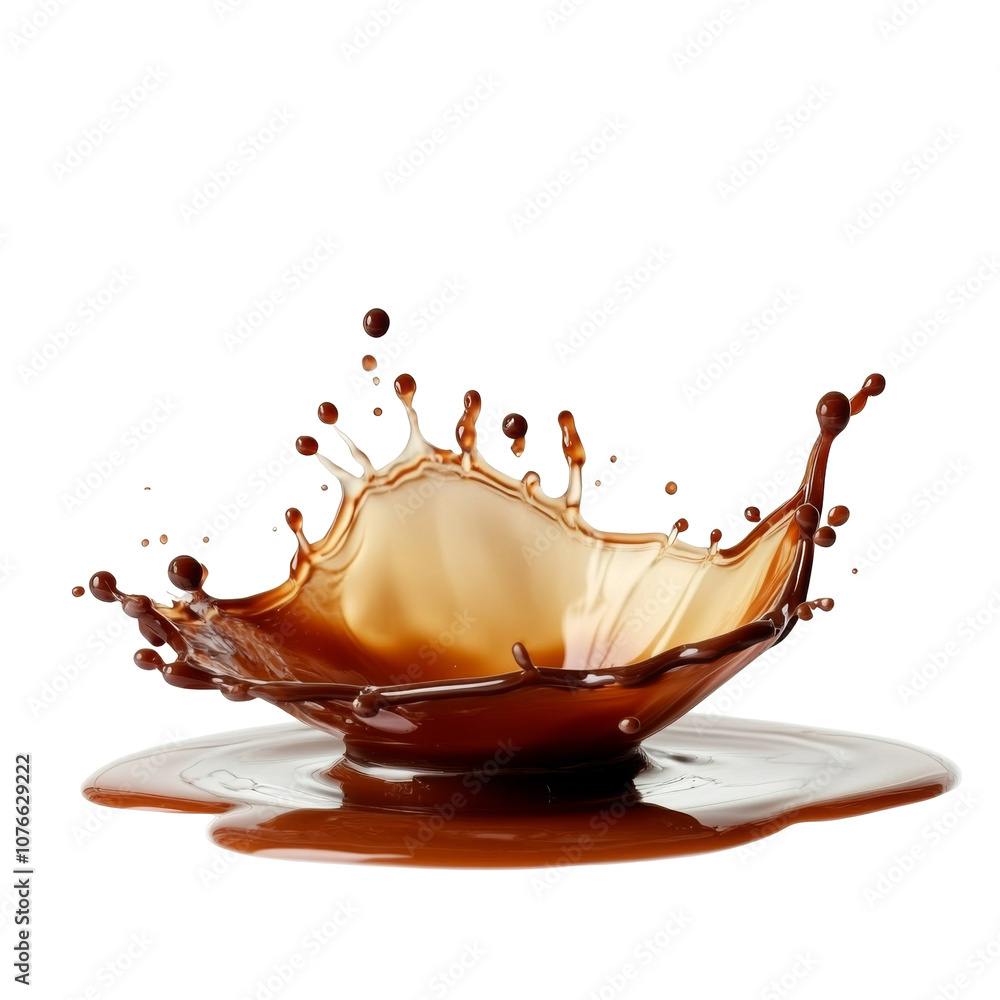 Aufkleber coffee splash captured in mid-air with droplets forming a dynamic circular pattern against a white b