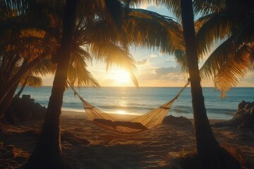Tranquil hammock resting between palm trees on a serene beach during sunset
