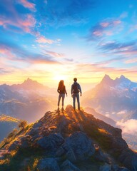 Fototapeta premium Young Diverse Couple Enjoys Scenic Sunrise on Mountain Peak Adventure