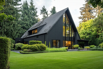 Obraz premium A modern black house with large windows, set in the middle of a lush green lawn and surrounded by tall trees. The design includes sharp angles and geometric shapes typical of A-frame houses.