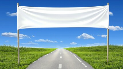 Fototapeta premium A blank banner stands on the roadside against a bright blue sky and vibrant green grass during a sunny day in the countryside
