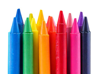 Assorted Wax Crayons in Bright Colors on White Background