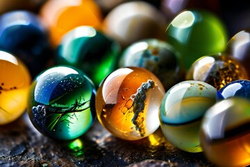 very neat few marbles, yellow, orange, blue, green, realistic, detailed, detailed