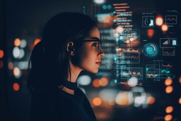 Futuristic Woman Analyzing Data on Digital Interface with City Lights in Background at Night