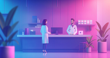 Friendly pharmacist assists customer at modern, neon-lit pharmacy counter.