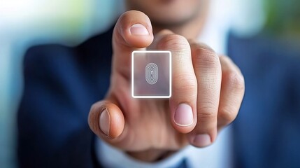 Businessman interacting with digital facial and fingerprint scan in a tech themed corporate setting