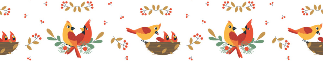 Cardinal birds cute seamless vector border. Birdwatching, bird feeding minimal design illustration. Red Northern cardinal in nest, winter birds comic cartoon frame. New year or Christmas event border.