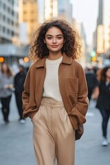 Fototapeta premium Confident Young Woman Walking in Fashionable Outfit on Busy City Street