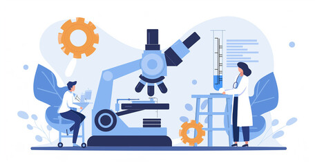 Scientists conducting research with a microscope in a lab.