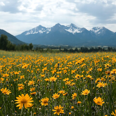 Fototapeta premium Yellow floral field with breathtaking mountain background image