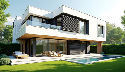 Modern architecture, floor-to-ceiling windows, black window frames, exterior blinds, contemporary dining room interior