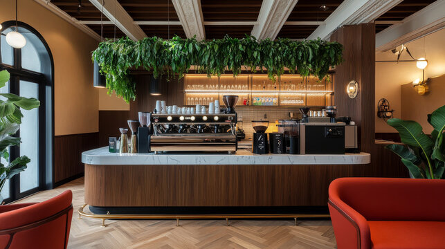 contemporary style, coffee bar with alcolol, warm wood tones, herringbone floor, coffee machine, white beams in the ceiling, red seating, Greens hanging from the top of the back bar
