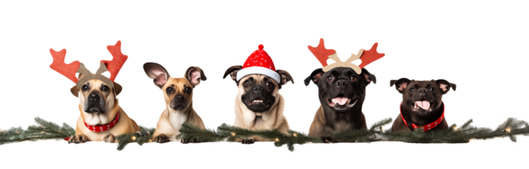 Animales y mascotas divertidos.
Banner perros celebrando las fiestas de Navidad con un sombrero rojo de Santa Claus, cuernos de reno y la cinta roja presente. Aislado sobre fondo transparente.