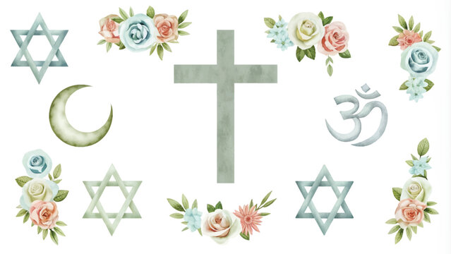 Watercolor symbols of the Jewish holiday of Yom Kippur