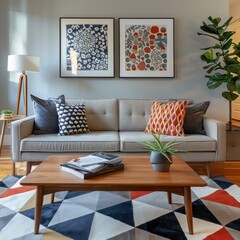 Living Room Interior Design with Geometric Rug and Abstract Art