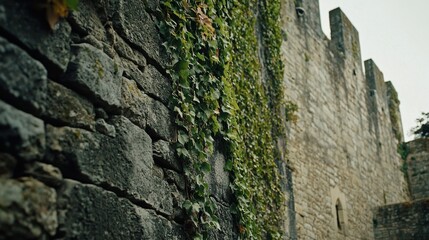 Close-up of a castle&acirc;&euro;&trade;s stone walls with ivy climbing