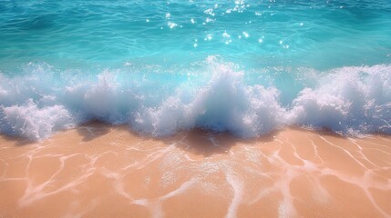 Fototapeta premium Gentle waves lapping on a sandy beach under a bright blue sky.