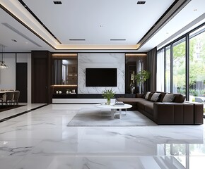 3D Rendering of a Luxurious Living Room with Marble Flooring and Elegant Decor