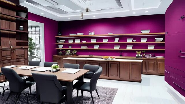 modern home office coworking center featuring furniture vibrant Viva Magenta 2025 color complemented light gray tones space includes rich cabinets chairs large work console designed productivity