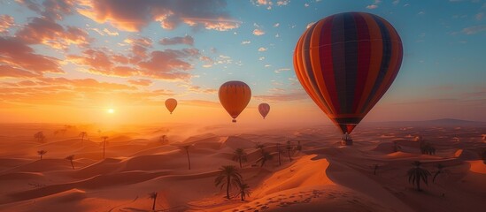 Naklejka premium Hot Air Balloons Soaring Over the Desert at Sunset