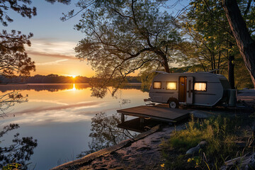 Holiday trip on large family motorhome for holiday in beautiful nature