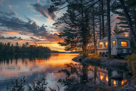 Holiday trip on large family motorhome for holiday in beautiful nature