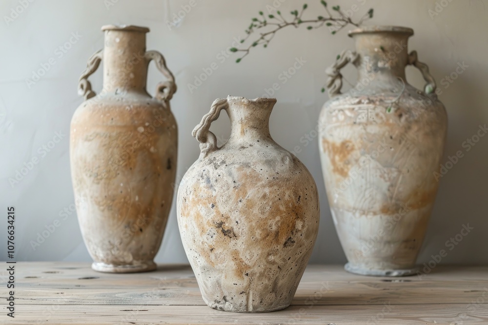 Poster three old clay vases with handles standing on a wooden table are creating a rustic atmosphere