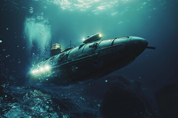 Fototapeta premium Beautiful large bathyscaphe floating in middle of ocean during exploration