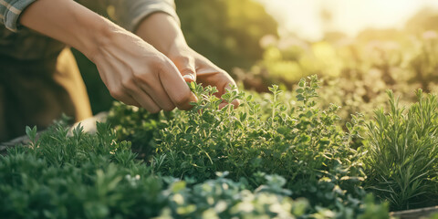 Fototapeta premium Gardener's hands nurturing lush herb garden on a sunny day