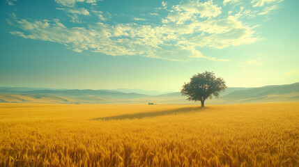 Obraz premium Golden Wheat Field Under a Blue Sky With Fluffy Clouds and Distant Mountains Captured During Late Afternoon Sunlight.