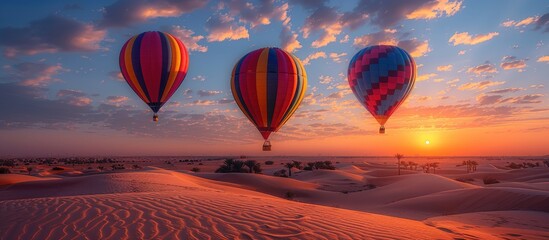 Obraz premium Hot Air Balloons Soaring Over the Desert at Sunset