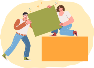 Teamwork of man and woman developing project together, creating reliable structure from cubes. Teamwork of teenage boy and girl scaling to complete thesis paper for university or college