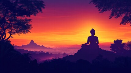 Fototapeta premium An inspiring silhouette of a reclining Buddha, set against a vibrant sunset over a calm lake. The tranquil water reflects the fiery colors of the sky