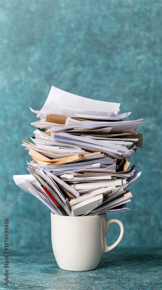 Poster a cluttered stack of papers overflowing from a white mug against a textured teal background, symboli