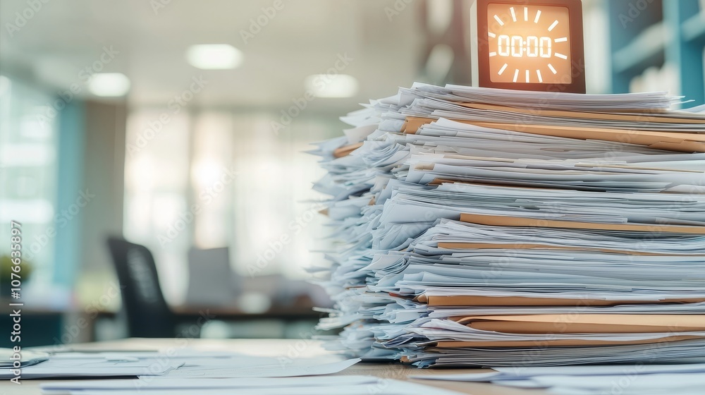 Poster a cluttered workspace featuring a tall stack of documents and a digital timer, symbolizing deadlines