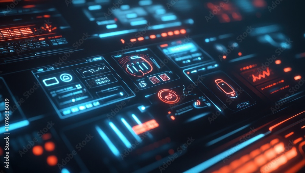Poster futuristic user interface with red and blue glowing elements