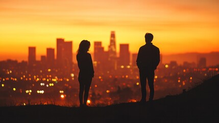 Fototapeta premium A side view silhouette of a couple standing on a hilltop, gazing at a city skyline during sunset, the urban landscape