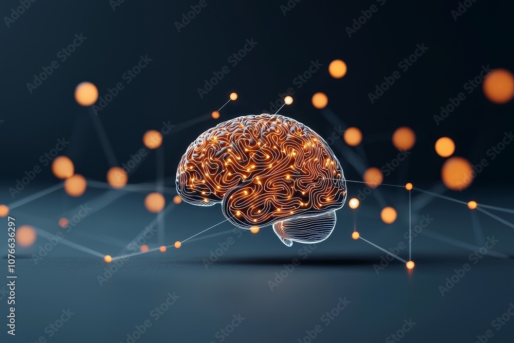Poster a digital representation of a brain, illuminated with golden lights, showcasing a network of connect