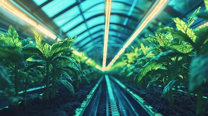 Futuristic Greenhouse with Genetically Engineered Plants Symbolizing Potential of Genetic Engineering in Agriculture