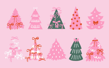 Christmas tree icons. Cute girly coquette style. Pink ribbon and bow. Y2k aesthetic. Vector