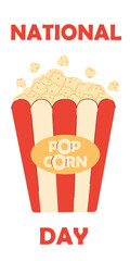 Flat vector illustration National Popcorn Day background.January 19. Holiday concept. Template for background, banner, card, poster with text inscription.