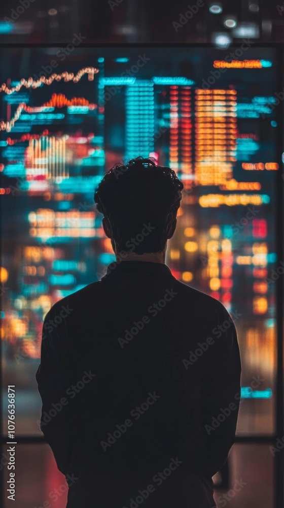 Poster A shadowy figure in front of a screen displaying keyword trends and data.