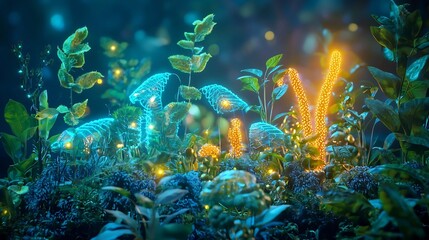 Obraz premium Futuristic Genetically Engineered Ecosystem with Vibrant Glowing Flora and Fauna