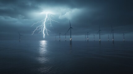 A stormy night with a lightning bolt striking the ocean