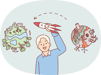 Boy dreams ecological migration, which will allow to leave polluted planet and fly away on rocket. Child thinks about carbon footprint and industrial pollution nature causing ecological disaster