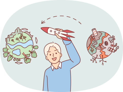 Boy dreams ecological migration, which will allow to leave polluted planet and fly away on rocket. Child thinks about carbon footprint and industrial pollution nature causing ecological disaster