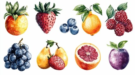 Watercolor Painting of Various Fruits and Berries