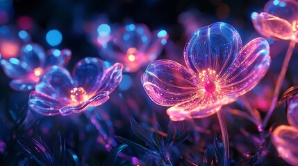 Obraz premium Glowing Genetically Modified Flowers Transforming in a Digital Garden Symbolizing Potential
